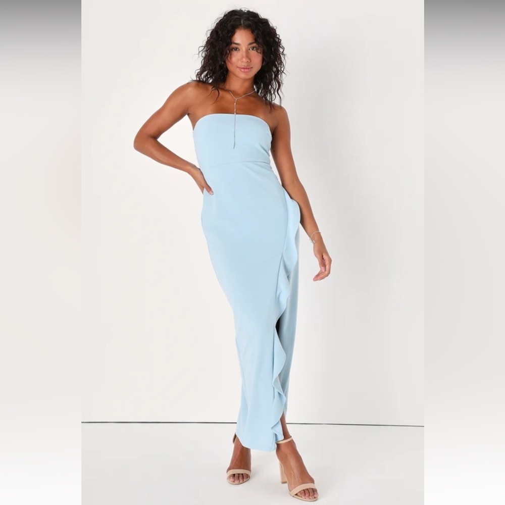 Lulu’s After Hours Light Blue Strapless Ruffled Maxi Dress
